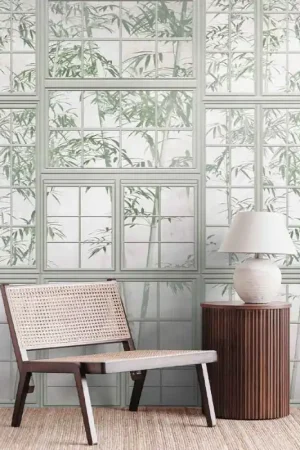 Papier peint panoramique verrière végétal bambou beige L159 x 280H cm Retour Gratuit