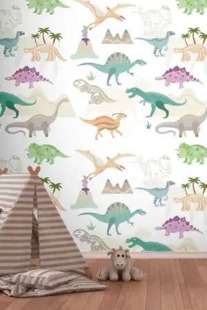 Bon Marché Papier peint panoramique en vinyl sur intissé dinosaure multicolore 280 H x 159 L cm