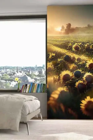 Bon Marché Papier peint panoramique intissé champ de tournesol jaune L 150 x H 270 cm ERISMANN