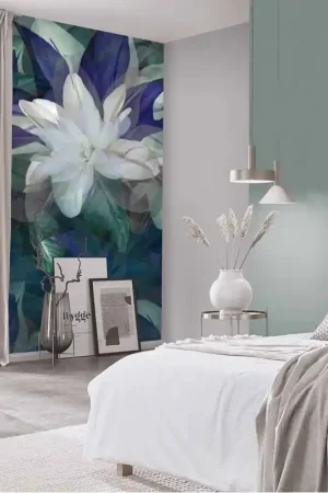 Offre Du Jour Papier peint panoramique intissé fleur azalée vert et bleu L 150 x H 280 cm ERISMANN