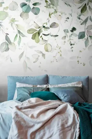 Papier peint panoramique plafond végétal aquarelle vert L371 x 280H cm Dernier Modèle