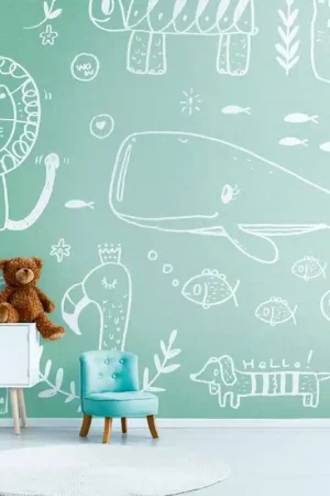 Papier peint panoramique en vinyl sur intissé Animaux à la craie vert sauge 371 H x 280 L cm Paiement Sécurisé