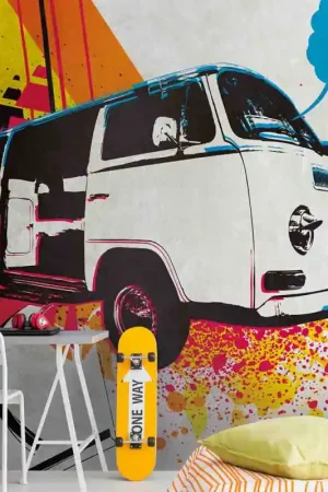Papier peint panoramique en vinyl sur intissé Camping-car multicolore 371 H x 280 L cm Promotion Saisonnière