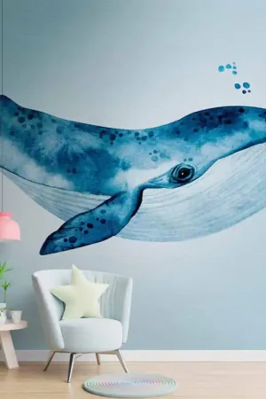 Bon Marché Papier peint panoramique intissé en vinyl Baleine bleu 371 H x 280 L cm