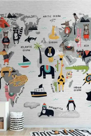 Papier peint panoramique en vinyl sur intissé Carte du monde multicolore 371 H x 280 L cm Offre Exclusive
