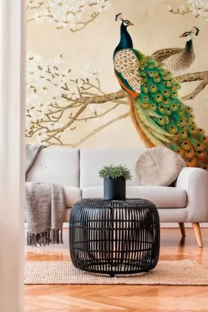 Offre Du Jour Papier peint panoramique en vinyle sur intissé paon fleur de cerisier beige L 159 x H 280 cm AS CREATION