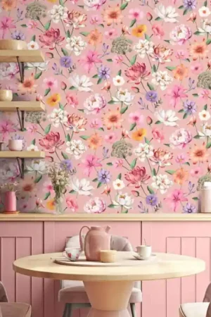 Papier peint intissé floral fond rose UGEPA Meilleur Choix