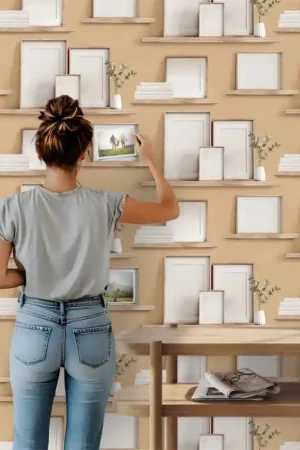 Papier peint intissé étagère cadre bois orange UGEPA Haute Qualité