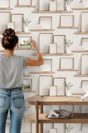Papier peint intissé étagère cadre bois beige UGEPA Promotion