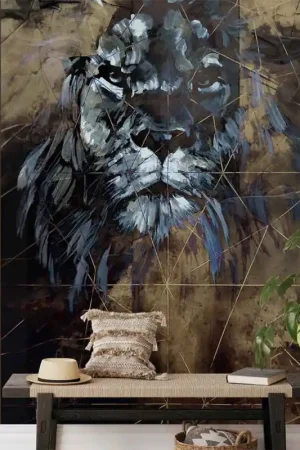 Quantité Limitée Papier peint panoramique intissé lion bleu et or 270cm x 150cm