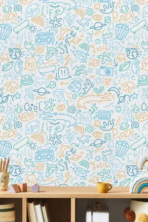 Authentique Papier peint intissé dessin Doodle bleu UGEPA