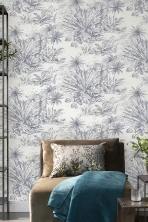 Papier peint intissé toile de jouy tropical bleu 53 x 1005 cm Dernier Modèle