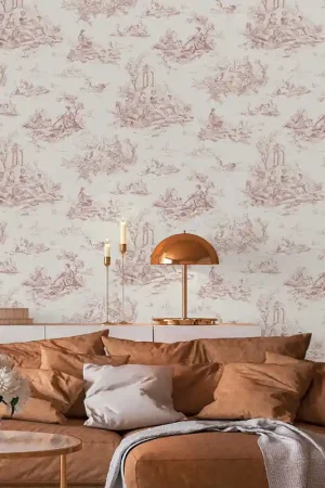 Authentique Papier peint intissé toile de jouy rouge 53 x 1005 cm